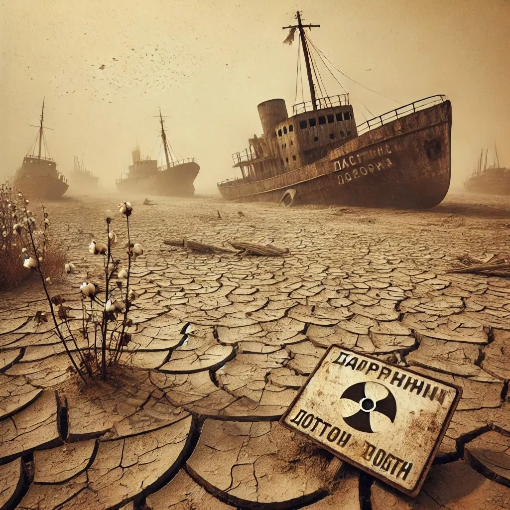 Several rusted ships stranded on dry, cracked earth where water once covered the Aral Sea, surrounded by a barren desert landscape under a pale sky, evoking a sense of abandonment and environmental loss